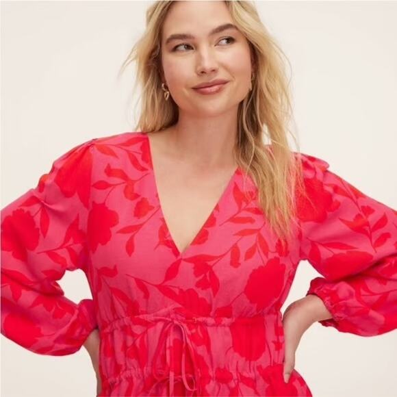 Kate Spade x Target Classic Rose Linen Long Sleeve Maxi Dress Pink/Red Sz XS - Picture 2 of 7